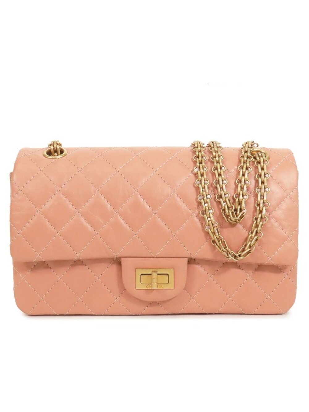 Chanel Chain Pink Beige Gold Leather Quilted 24 Double Flap Shoulder Bag